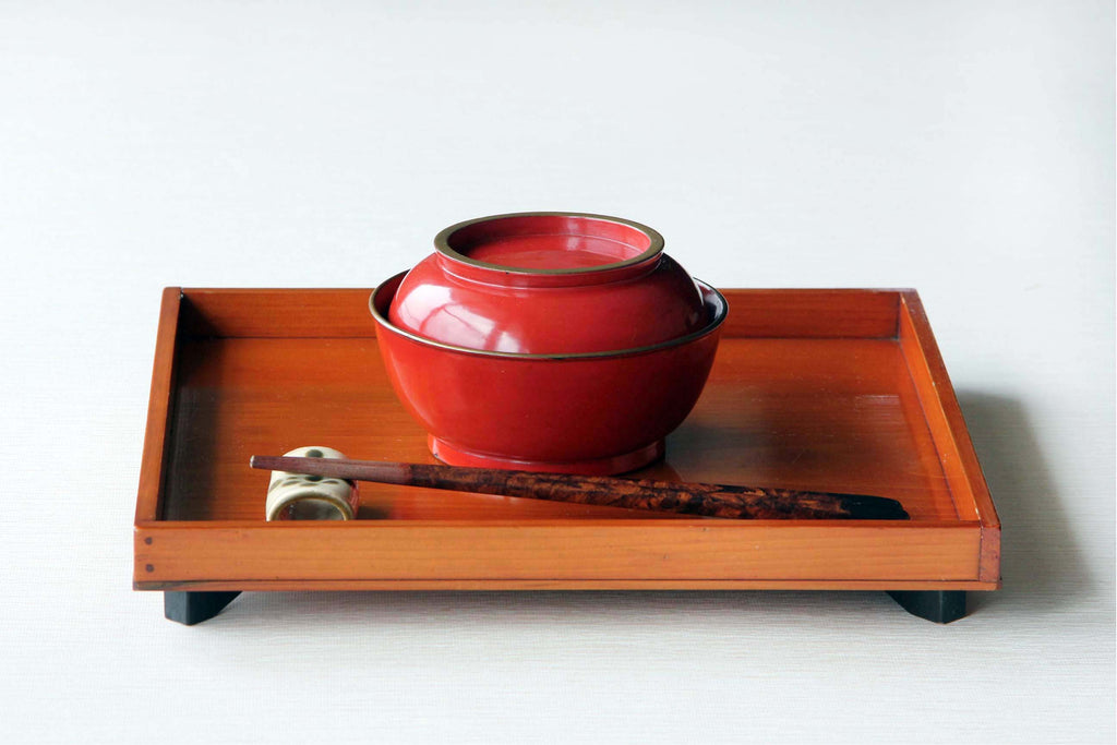 red lidded soup bowl. Japanese antique lacquerware.