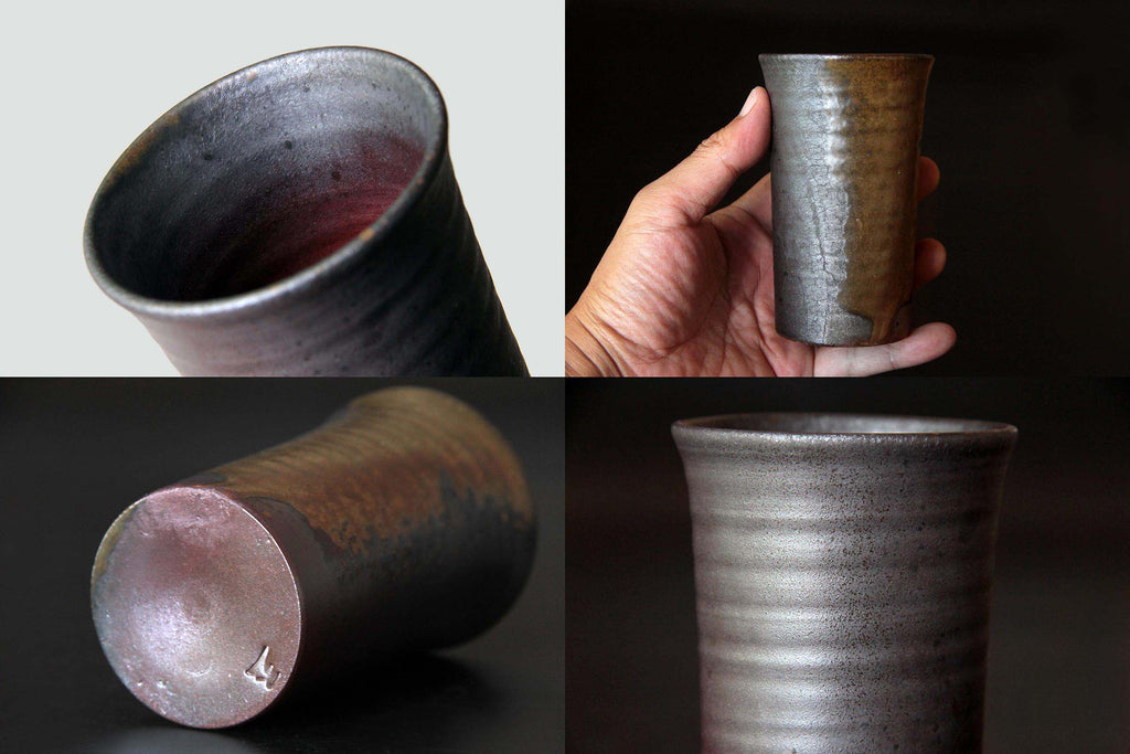 Collage of Bizen ware mug showing hand size comparison, interior, base, and texture details.