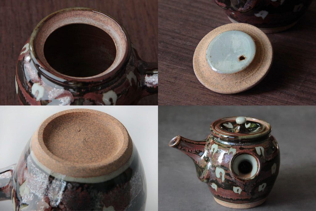 Four-way collage showing interior,
underside, and lid of Japanese Kyusu
teapot in detail