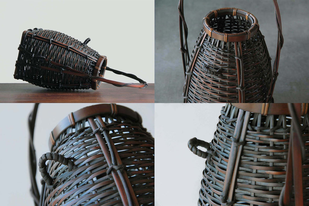 Nageire style hanging bamboo flower vase for ikebana arrangement in traditional setting