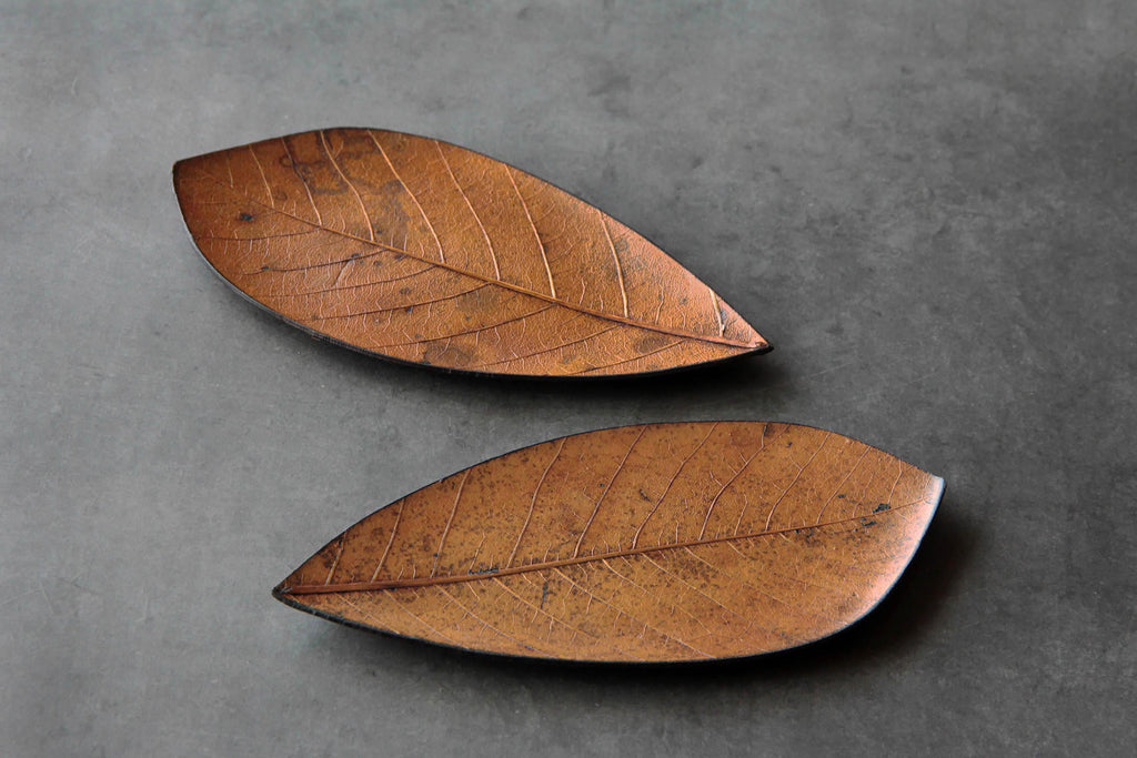 Pair of natural dried leaf plates displayed on a gray background, showing their organic shape and vein details