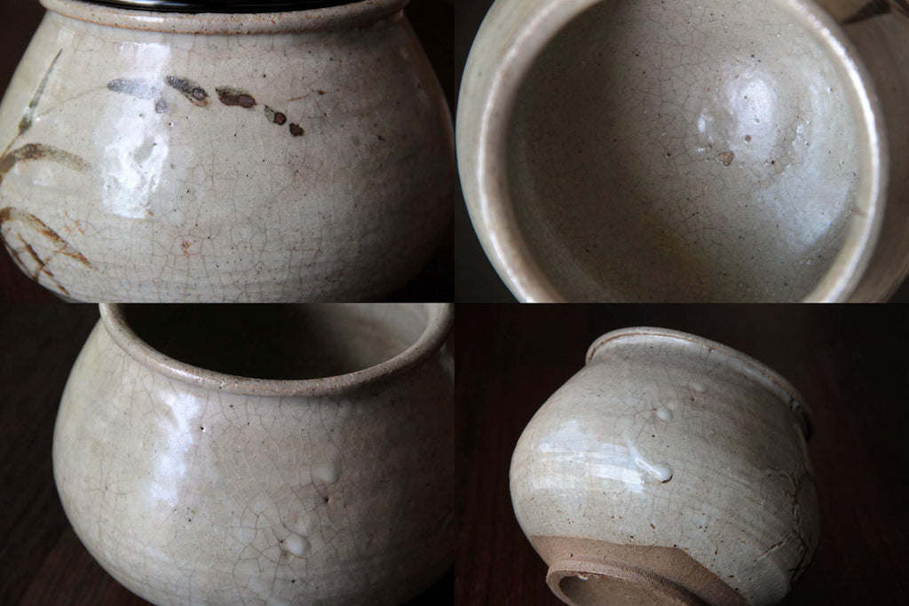 Detailed shots of the glaze surface, showing crazing and kiln marks on the body and inner surface.