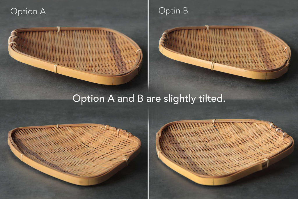Four views of Option A and B bamboo trays showing that both are slightly tilted