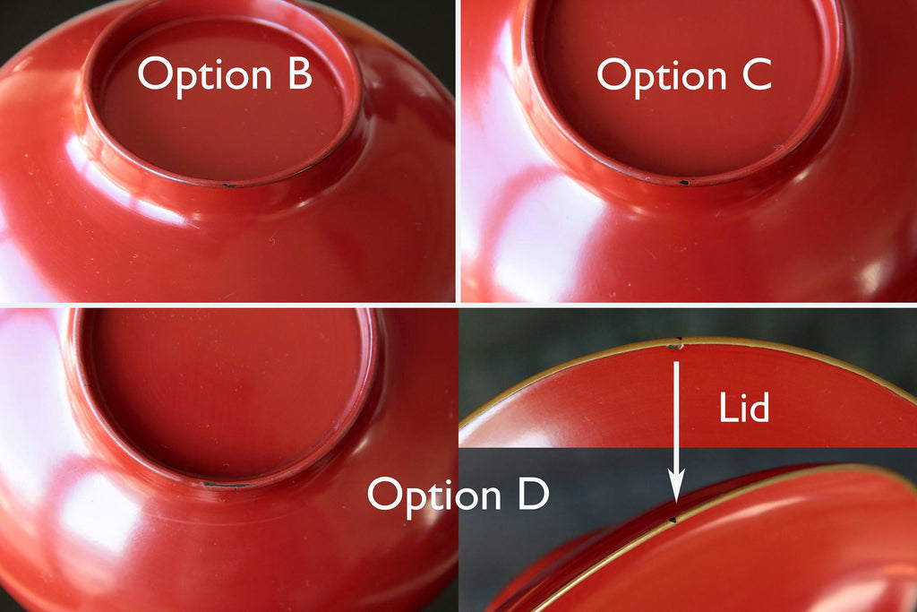 Red wooden bowl with lid. Classic Japanese tableware. With beautiful natural Urushi lacquer. This photo is showing damaged parts.