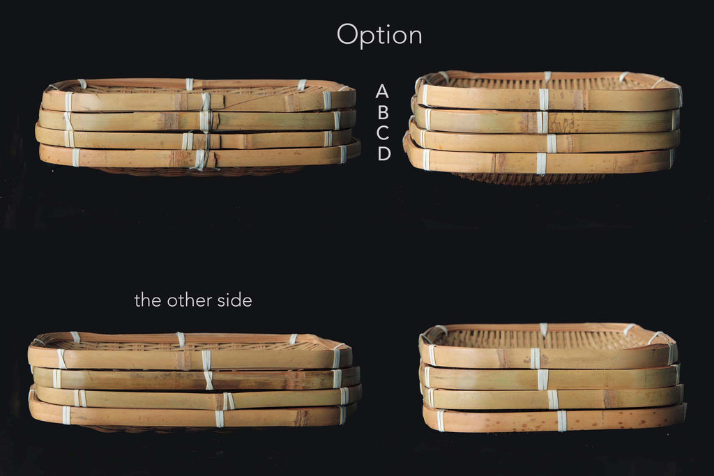 Side views of four stacked trays labeled A to D and the other side view showing bamboo frame
details