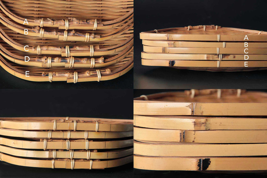 Five bamboo trays labeled A to E stacked together showing natural variations and edge bindings