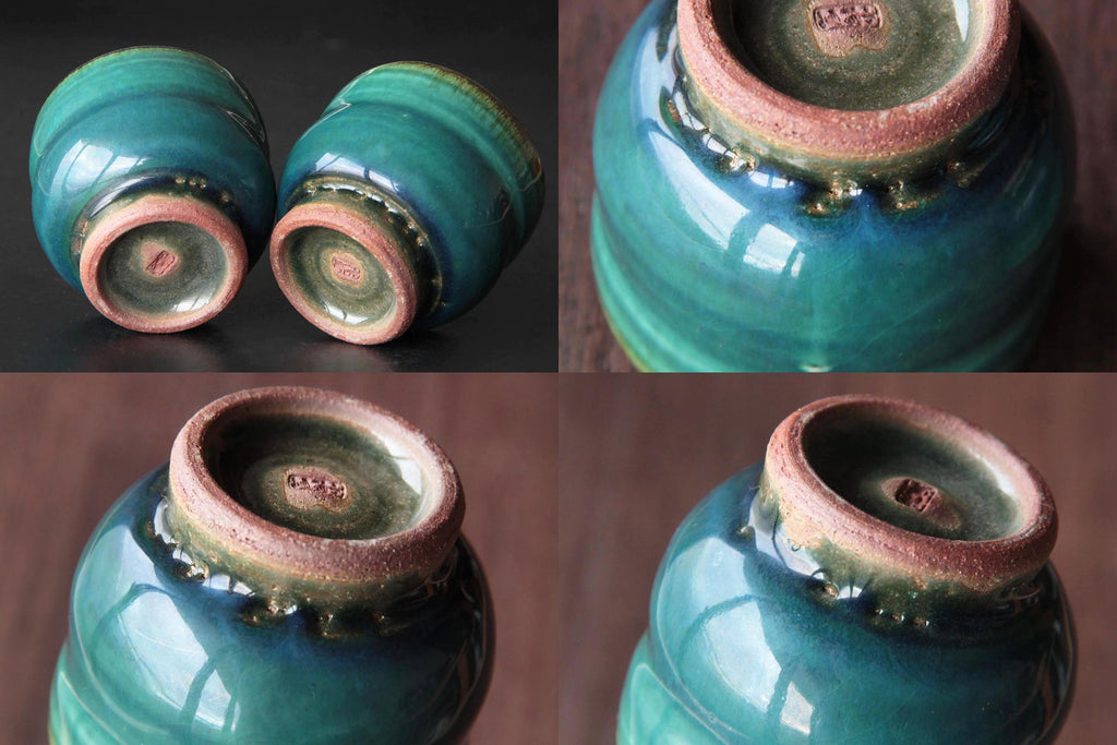 deep green and blue ceramic cup. Japanese Otaru kiln pottery.