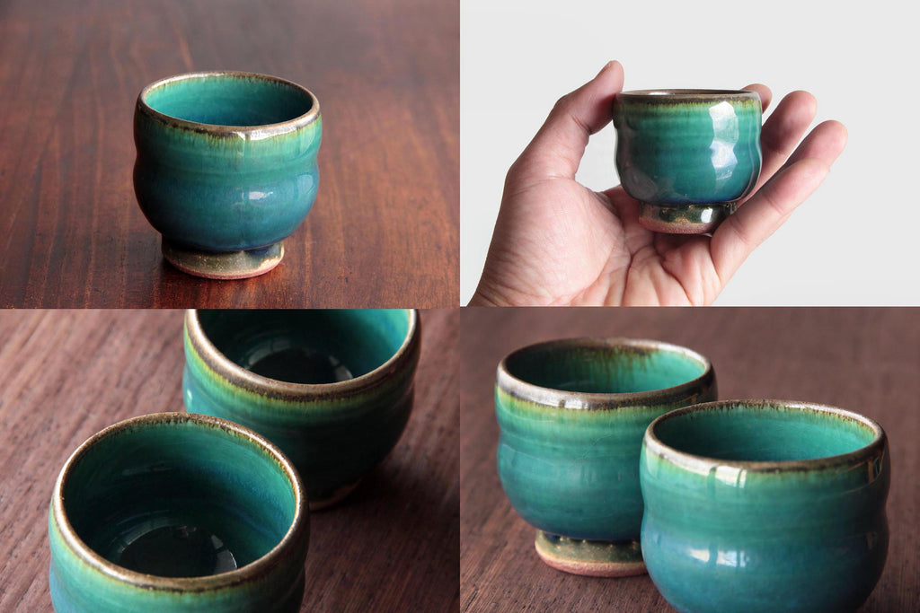 deep green and blue ceramic cup. Japanese Otaru kiln pottery.