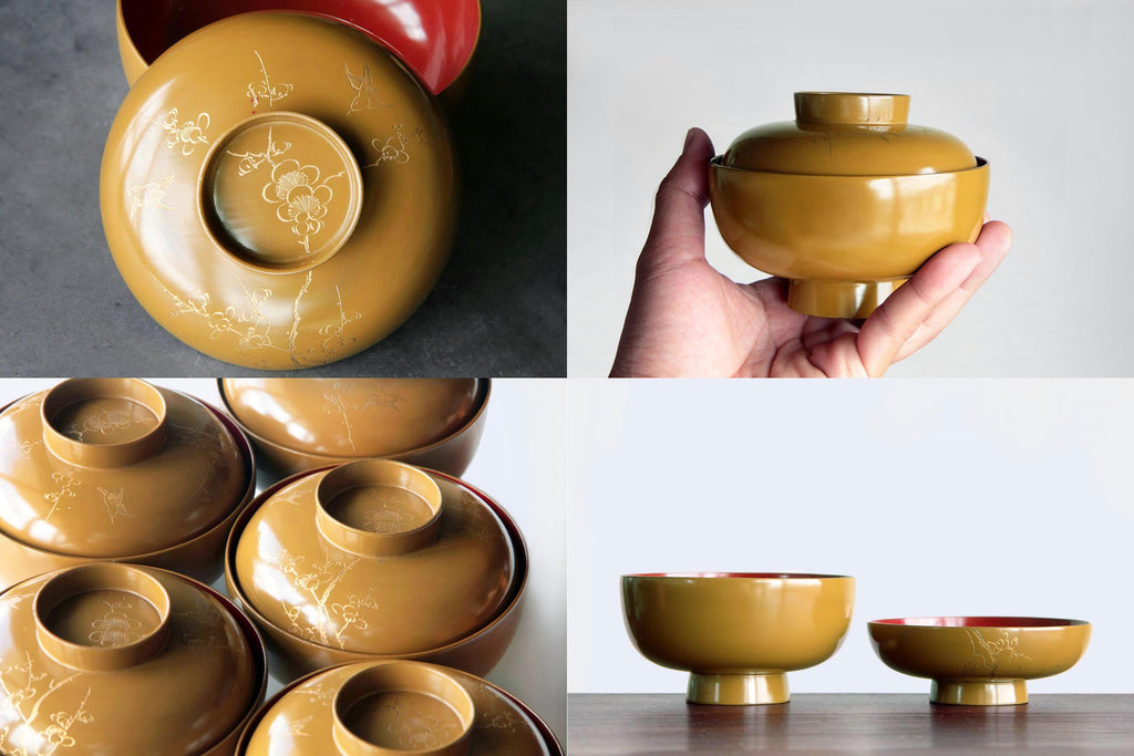 Japanese Owan bowl. Yellow wooden bowl with lid. Japanese food tableware