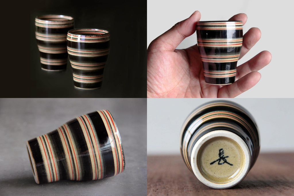 Collage of four views: upright pair, hand
scale, side view, and base with maker's
mark of Hasami yunomi