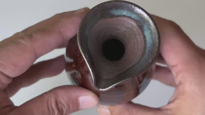 Rotating and close-up video showcasing the shape, texture, and details of the brown Sake bottle.