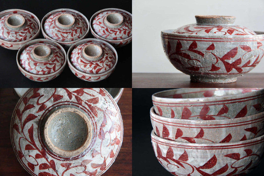 Lidded chawan bowl with red glaze drawing , Japanese pottery 