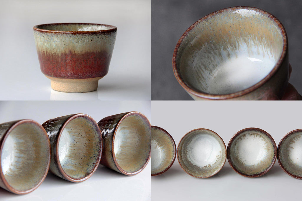 Collage showing detailed inside views of handmade Japanese pottery cups.