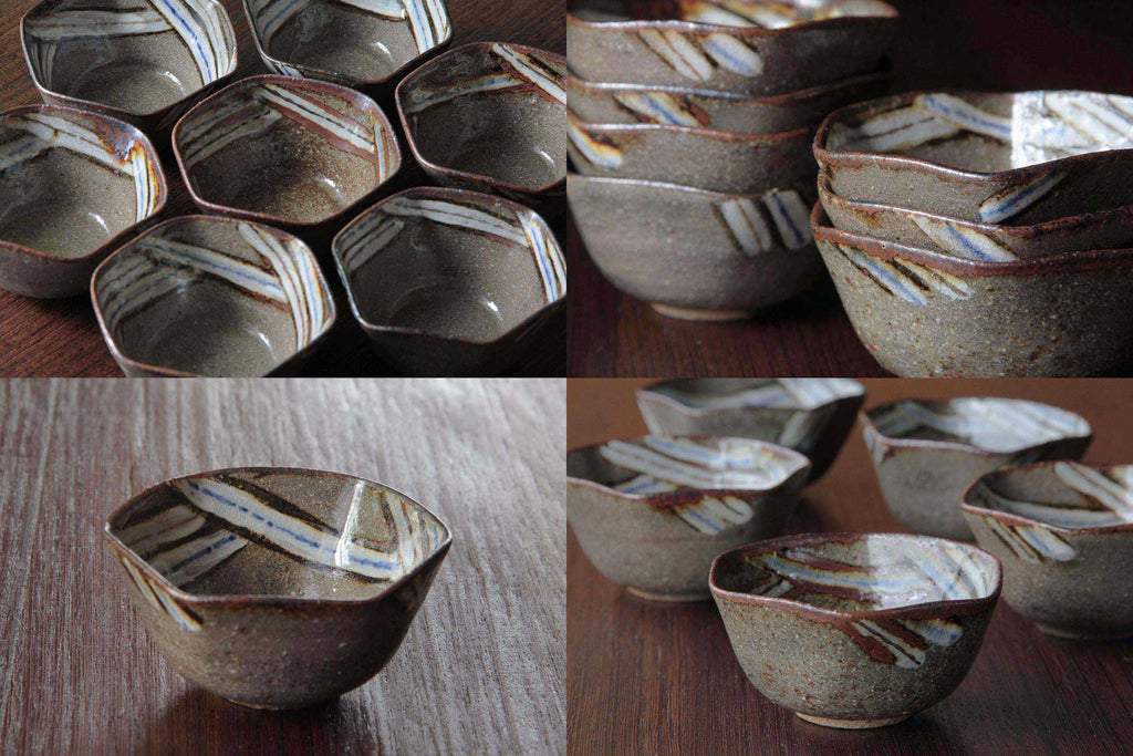 Group of rustic bowls in different arrangements emphasizing their handcrafted forms