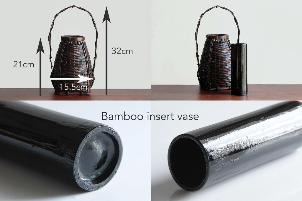 Takezaiku bamboo craft interior scene featuring artisan woven flower basket in tatami room
