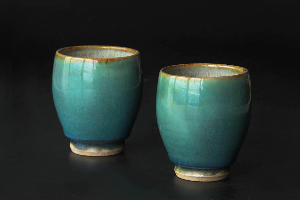 deep green and blue ceramic cup. Japanese Otaru kiln pottery.