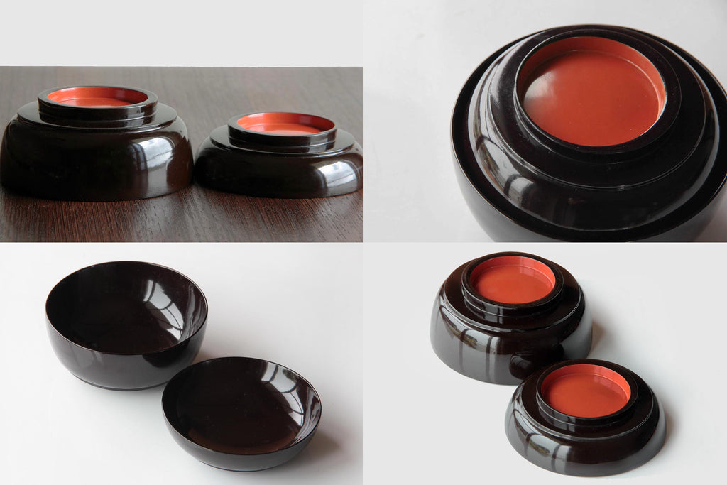 traditional Japanese owan bowls, arranged upside-down on a wooden table.