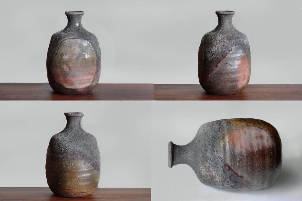 Multiple angle views of unglazed Bizen ware sake bottle,
showing natural ash glaze patterns, earthy clay tones, and
firing shadows.