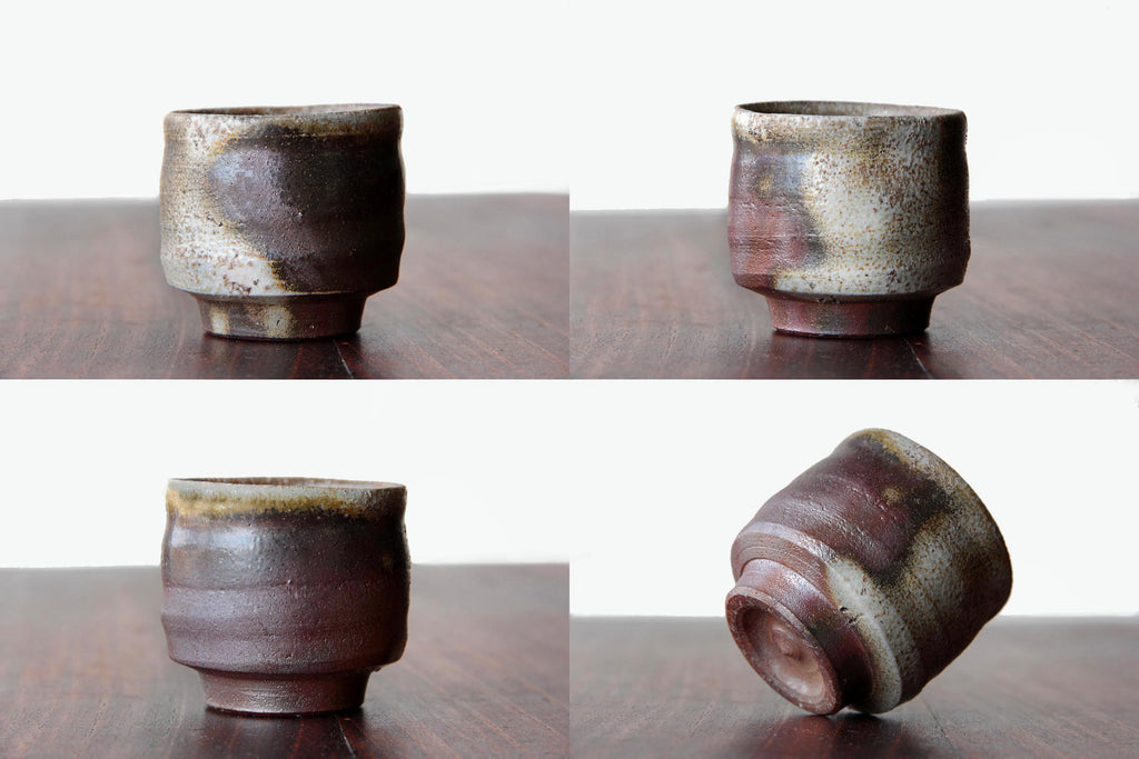 Four-view collage of Bizen ware sake cup, showing different angles with natural earthy firing patterns in brown, red, and white tones.