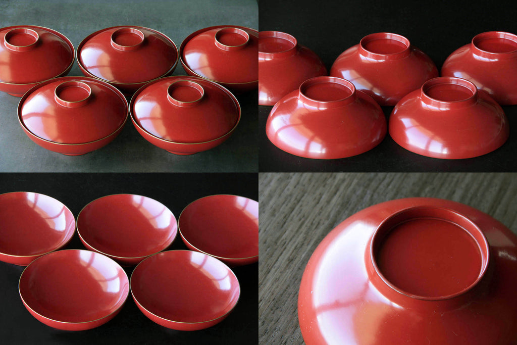 Red wooden bowl with lid. Classic Japanese tableware. With beautiful natural Urushi lacquer.