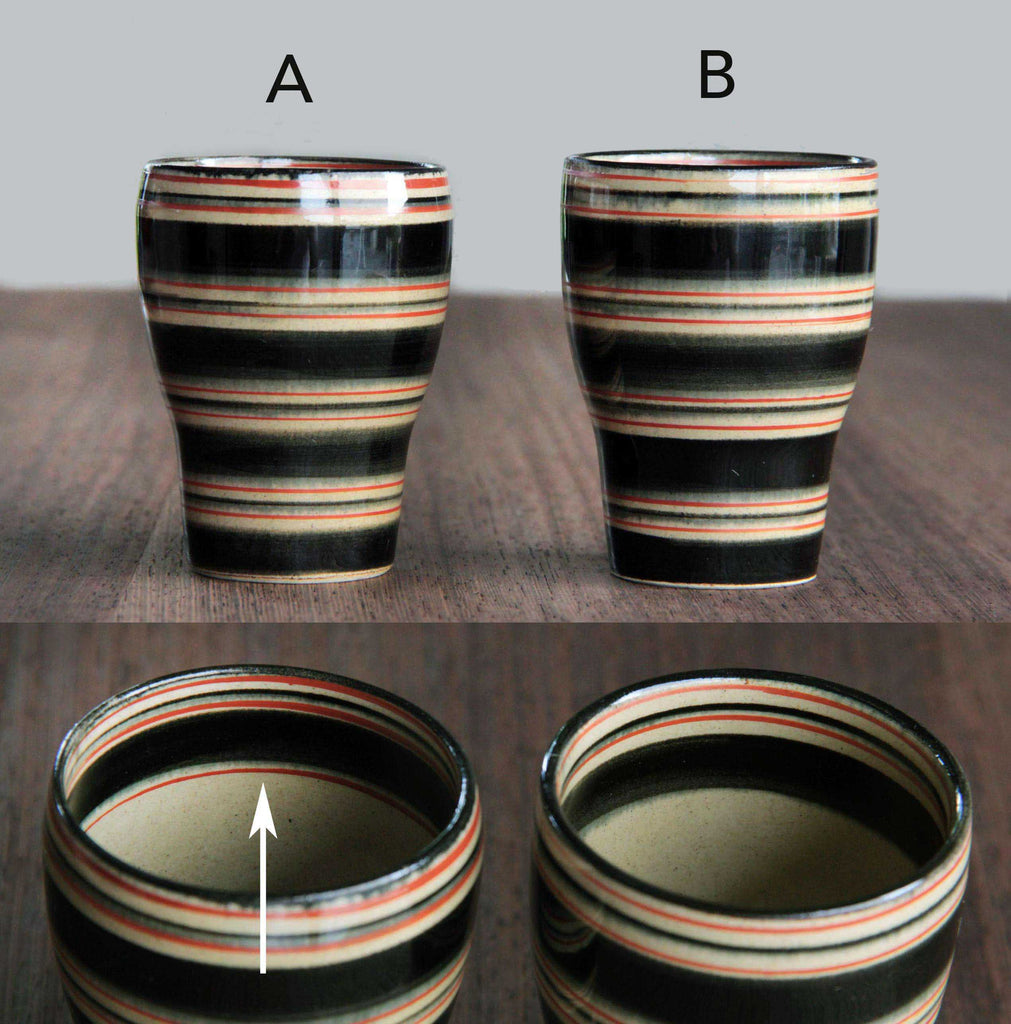 Side-by-side comparison of two Hasami
yunomi cups labeled A and B, showing
shape and stripe alignment differences