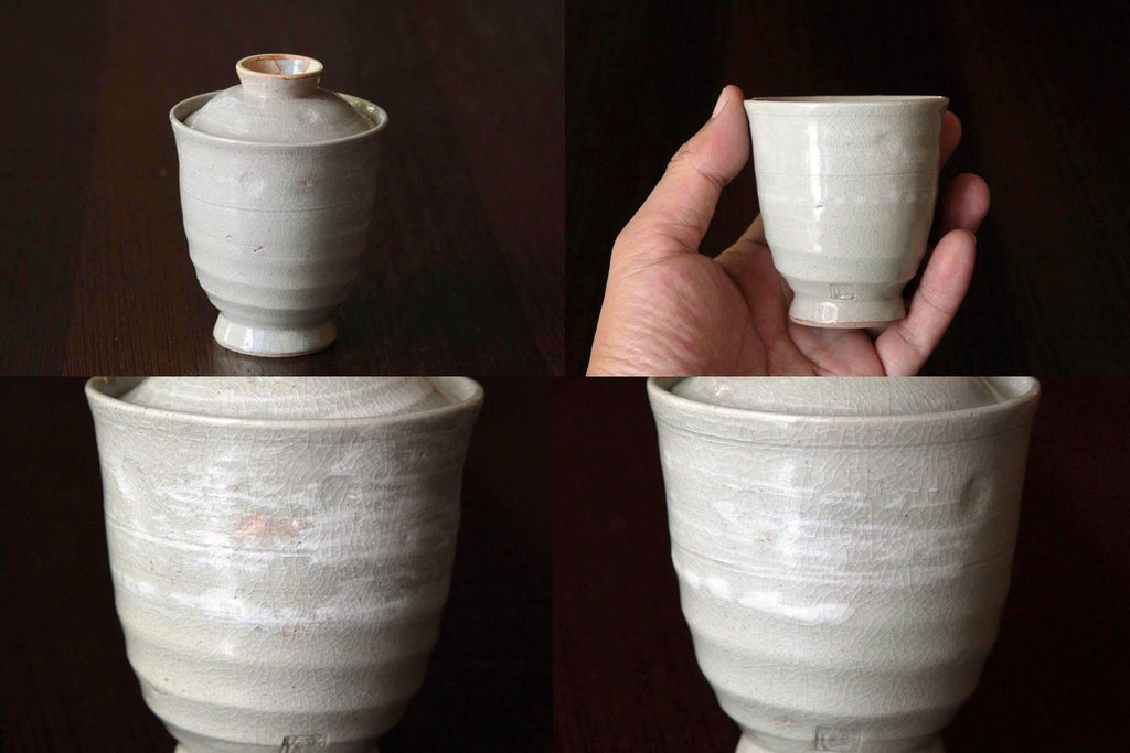 Collage showing close-up, hand-held, and detailed textures of a vintage lidded cu