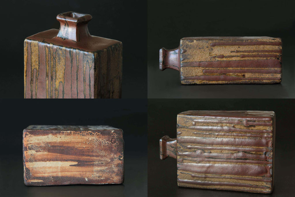 Vintage Mashiko ware bottle vase featuring natural glaze drips and textured clay body