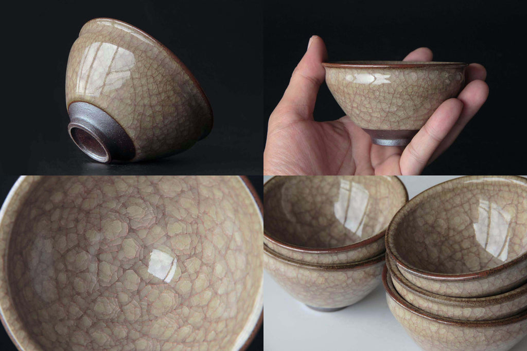 Collage showing side angle, hand scale, interior glaze and stacked arrangement of tea cups