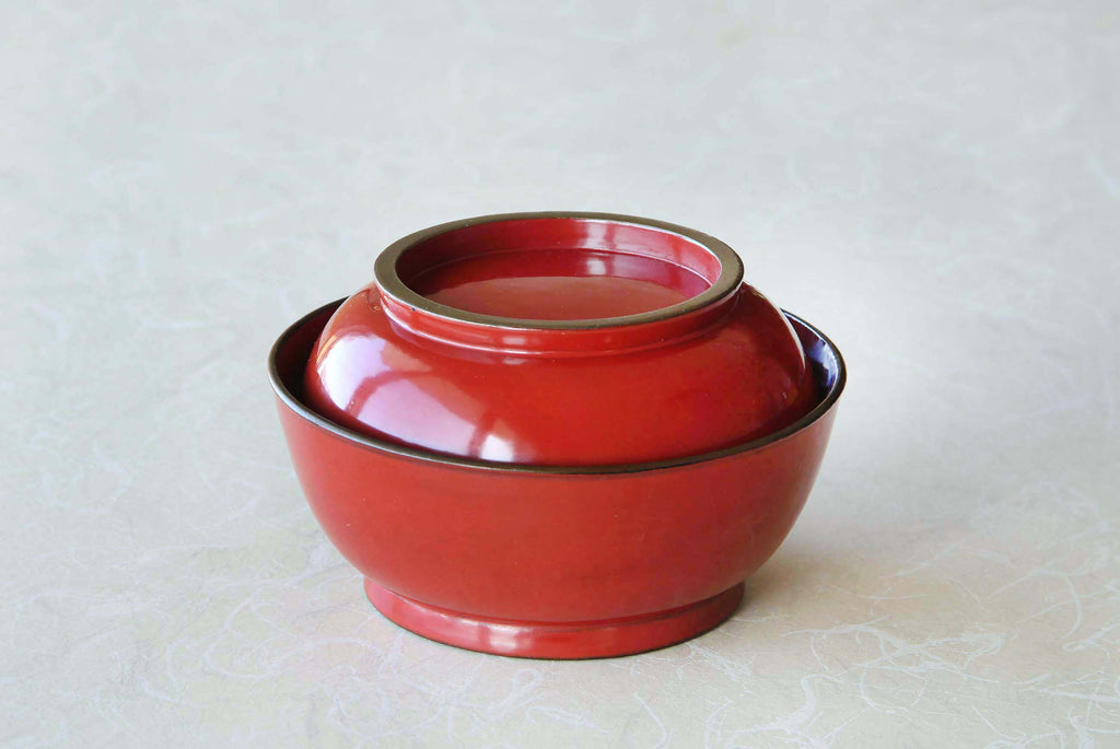 red lidded soup bowl. Japanese antique lacquerware.