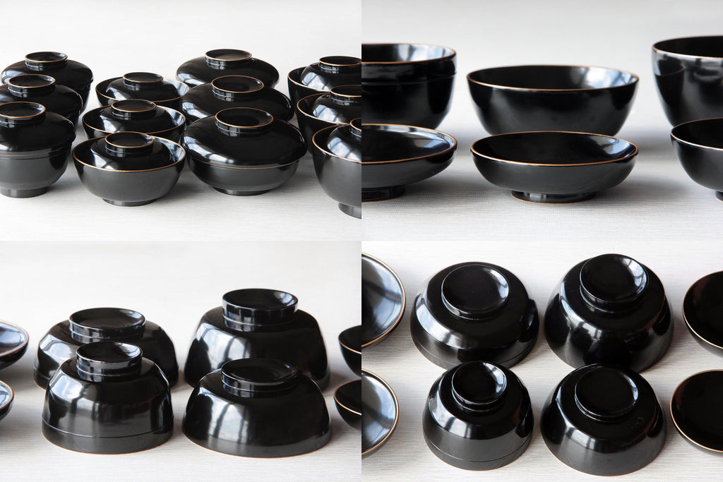 Rich black Urushi, Japanese Kaiseki tableware. Lidded wooden bowl.