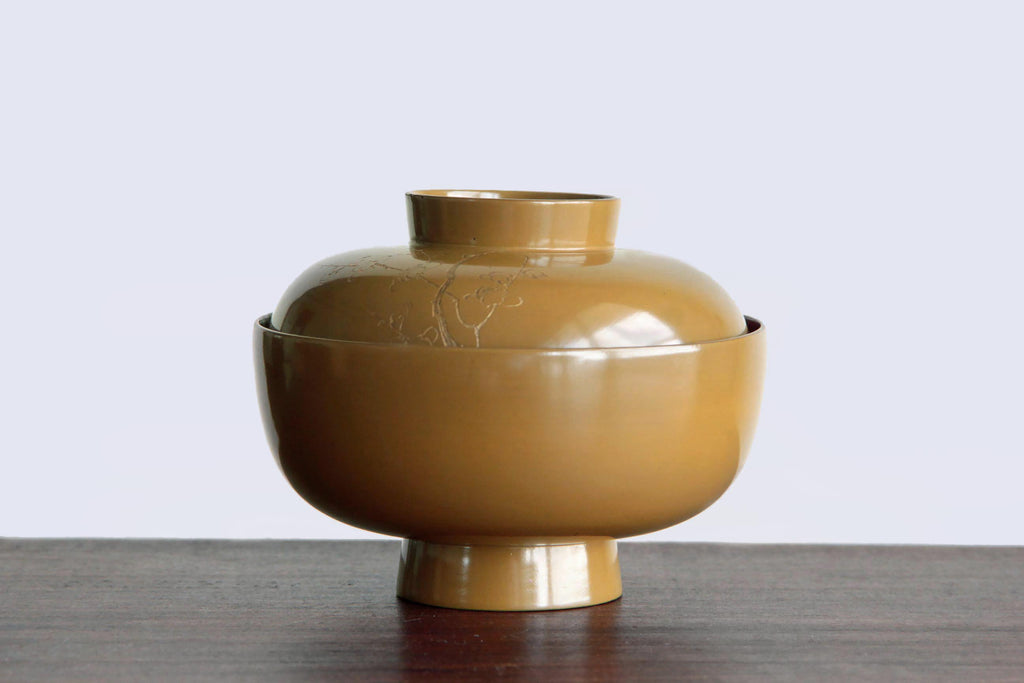 Japanese Owan bowl. Yellow wooden bowl with lid. Japanese food tableware