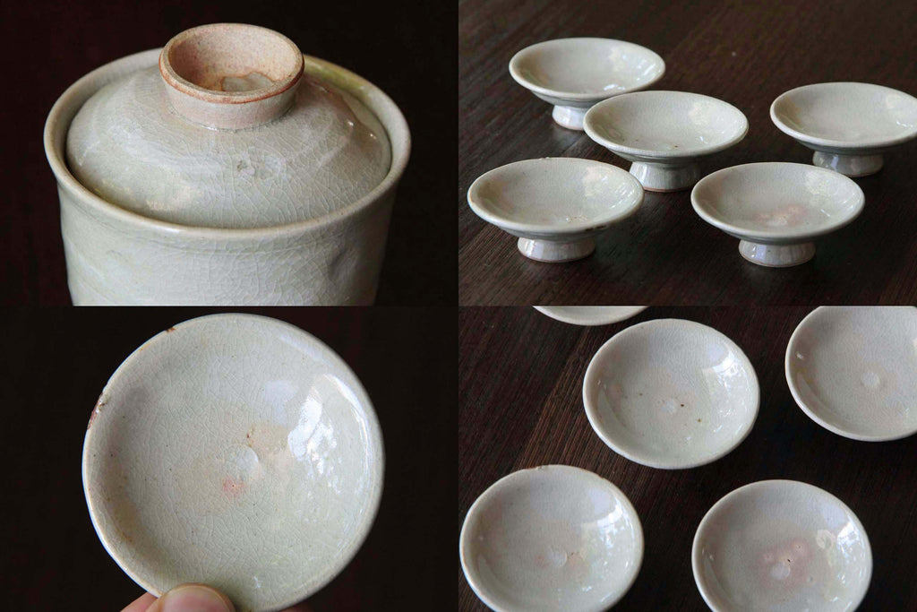 Collage of a lidded tea cup, shallow lid, and their inner surfaces.