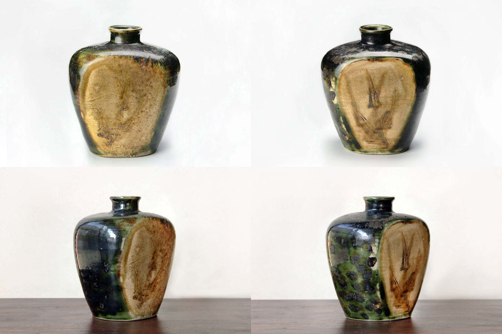 Old Japanese ceramic, Oribe ware, green vase