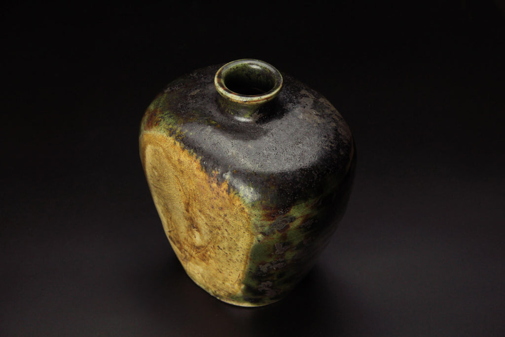 Antique Japanese ceramic, Oribe ware, green vase