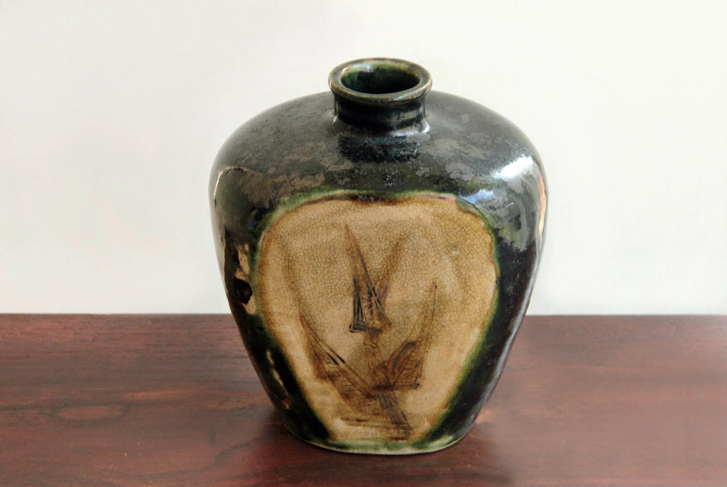 Old Japanese ceramic, Oribe ware, green vase