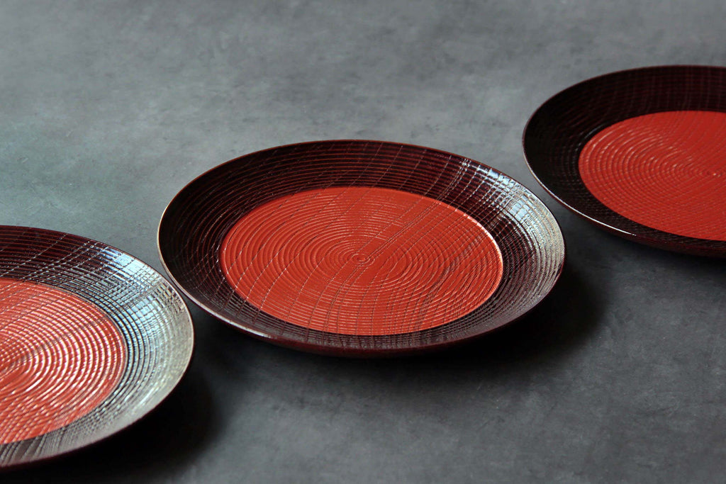 Japanese wooden plate, red lacquerware